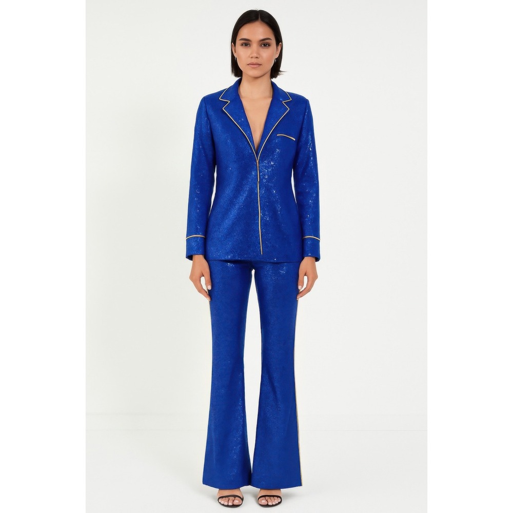 Electric Blue Sequin Pajama Set Jacket Pants Flared Retro Sparkle Outfit‎